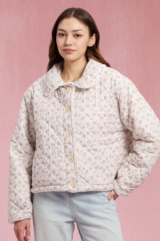 Sherpa-lined Floral Puffer With Lace Trim