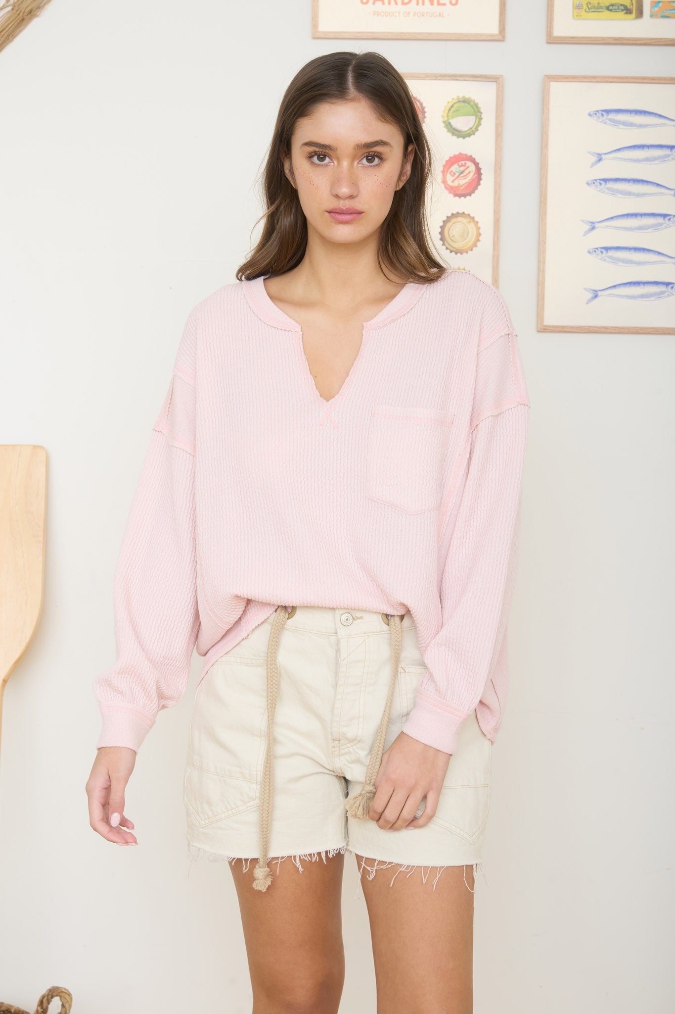 Split Neck Raw Edge Long Sleeve Ribbed Knit Top - Light Pink