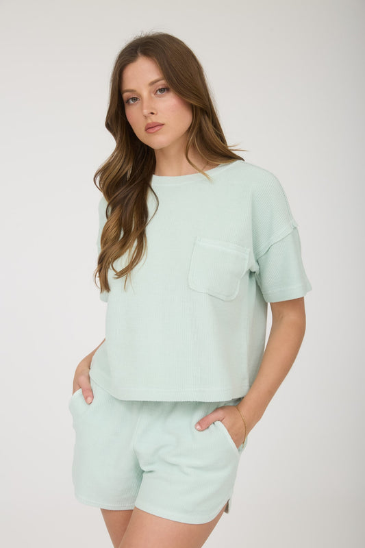 Ribbed Pocket Detail Short Sleeve Knit Top - Mint