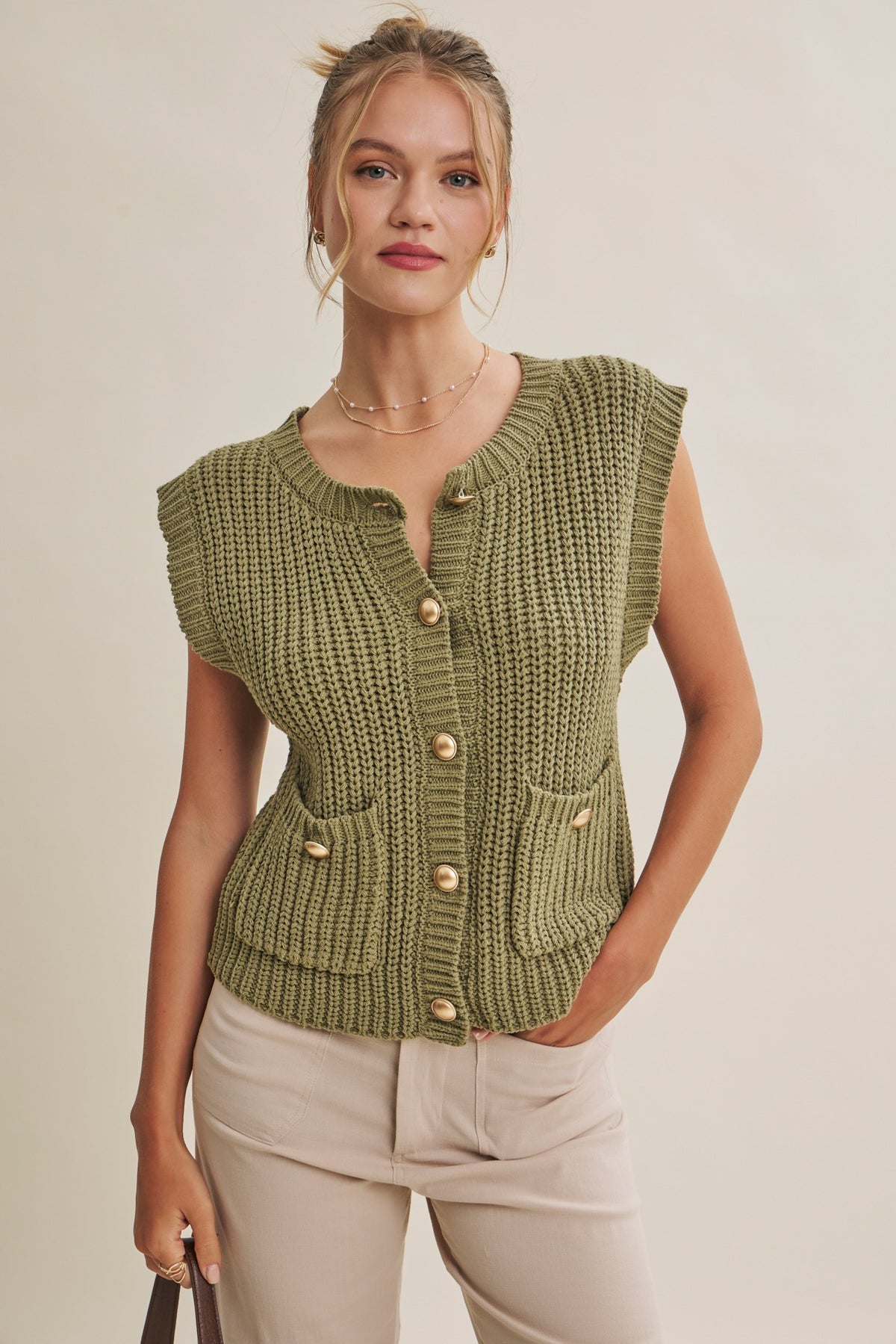 Chunky Knit Sweater Vest - Olive