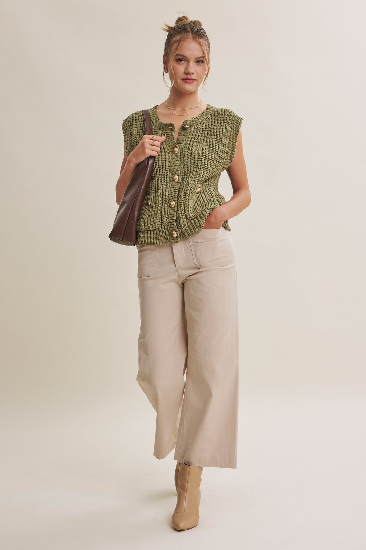 Chunky Knit Sweater Vest - Olive