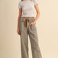 Striped Wide Leg Drawstring Pants - Soft Charcoal