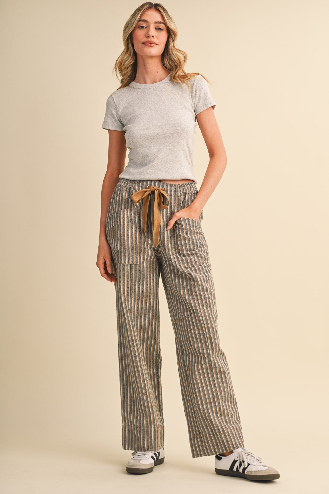 Striped Wide Leg Drawstring Pants - Soft Charcoal