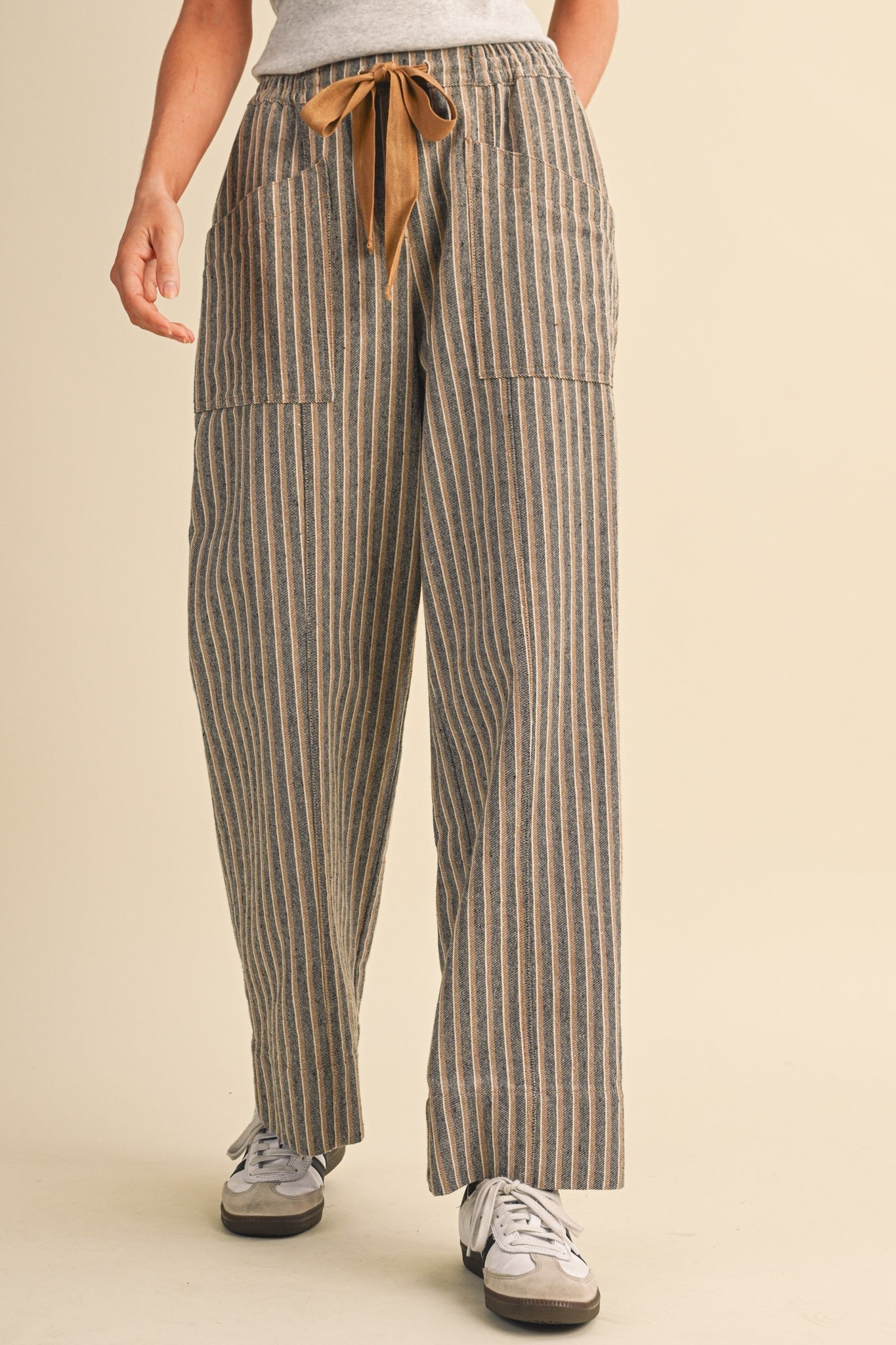Striped Wide Leg Drawstring Pants - Soft Charcoal
