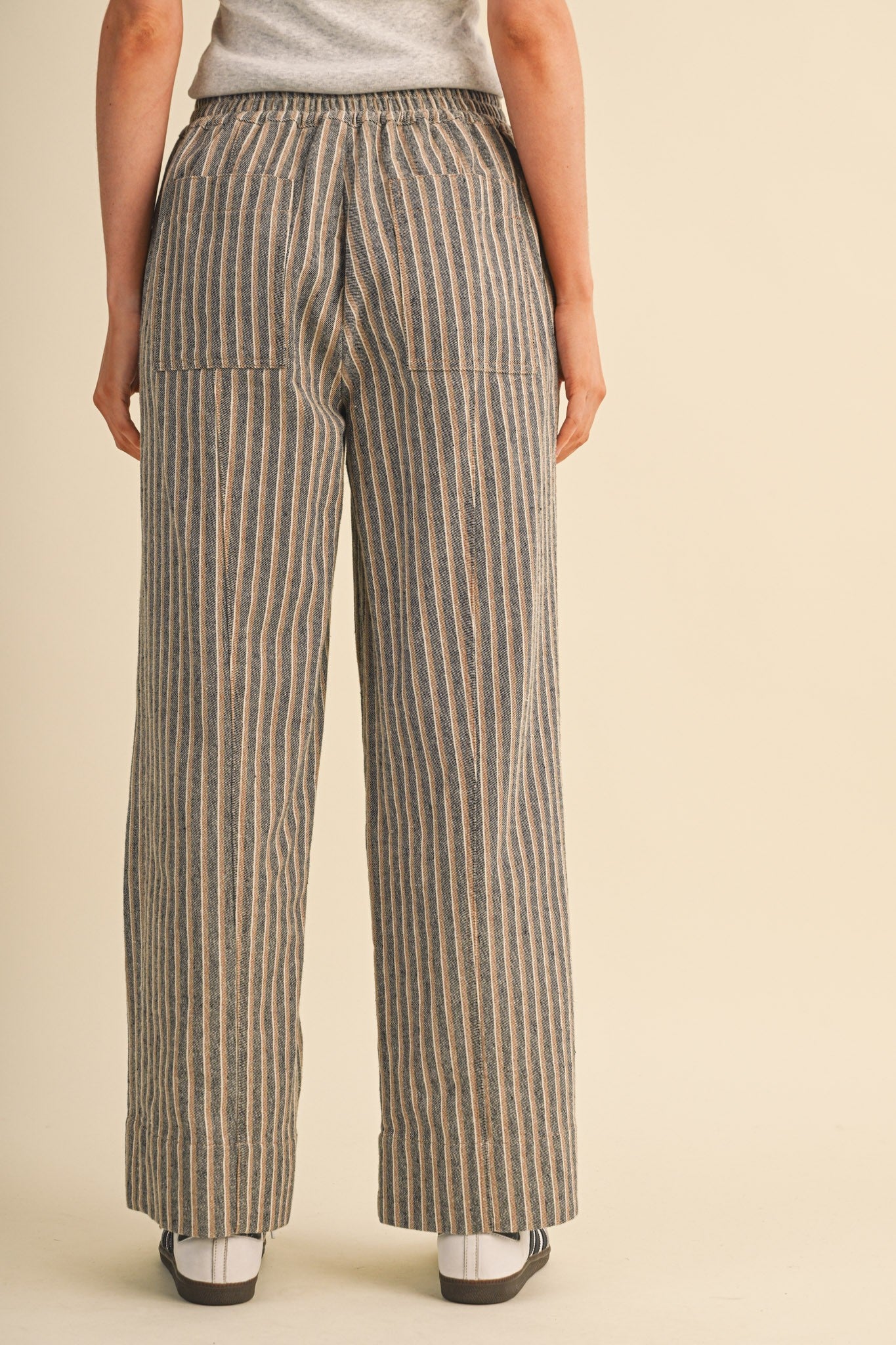 Striped Wide Leg Drawstring Pants - Soft Charcoal