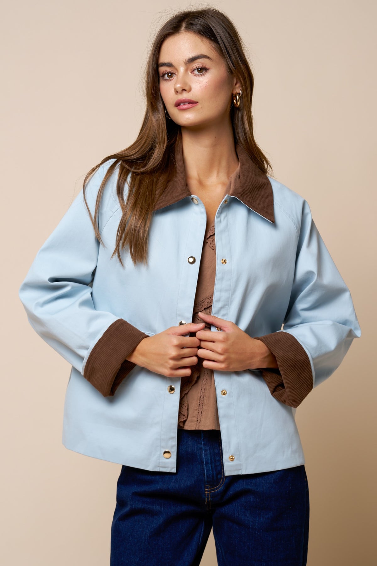 Color Block Jacket - Light Blue/Brown