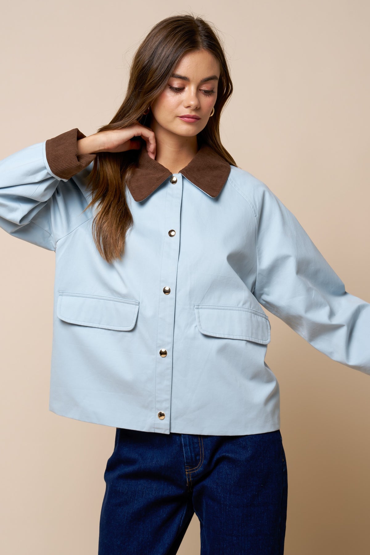 Color Block Jacket - Light Blue/Brown