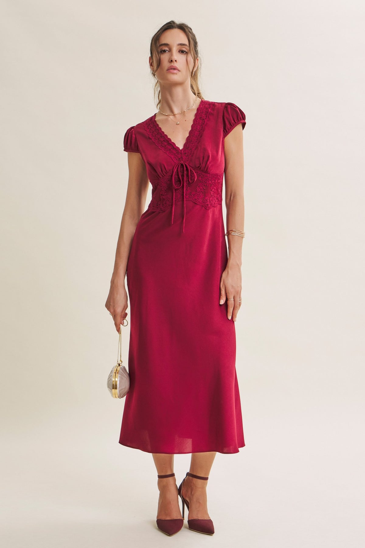 Satin Lace Midi Dress - Wine