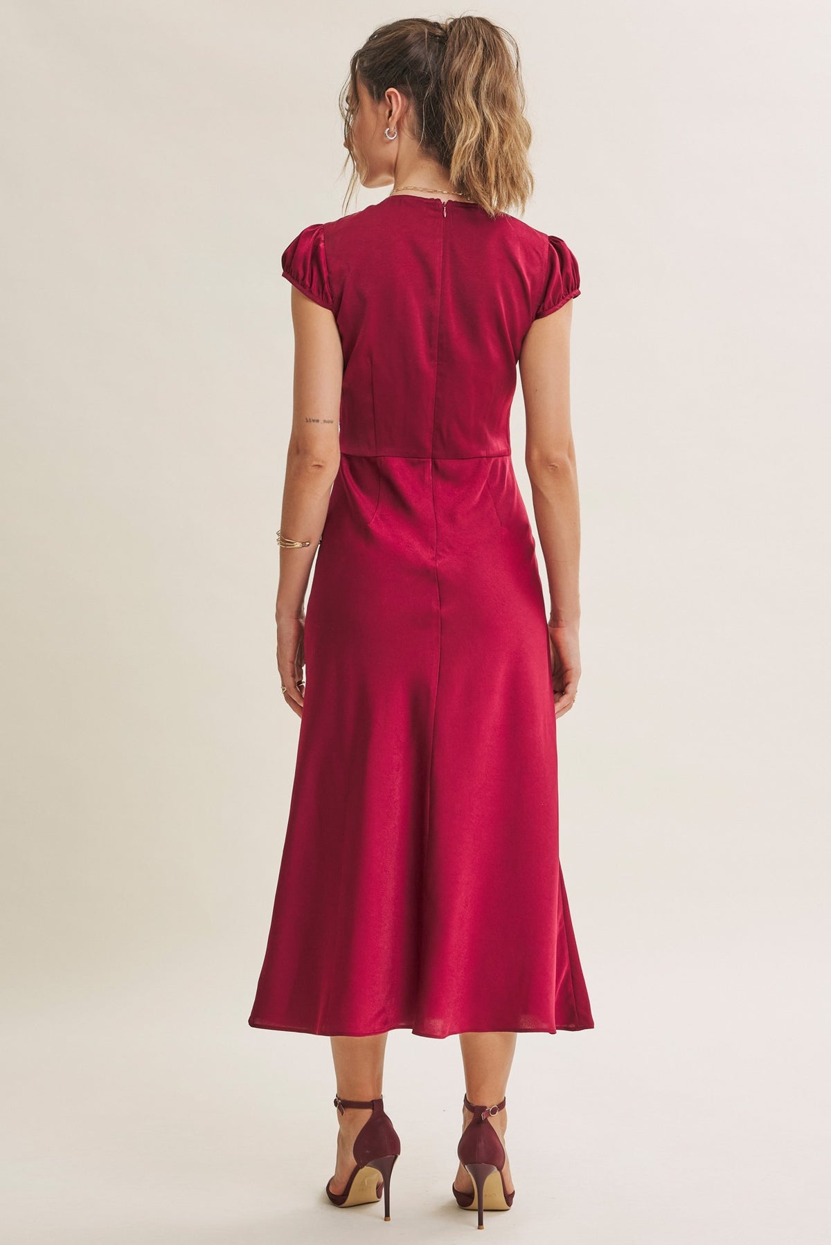Satin Lace Midi Dress - Wine