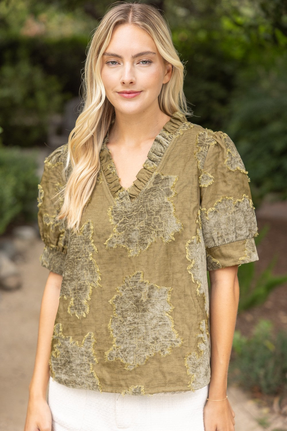 Ruffled V-neck Textured Top - Olive