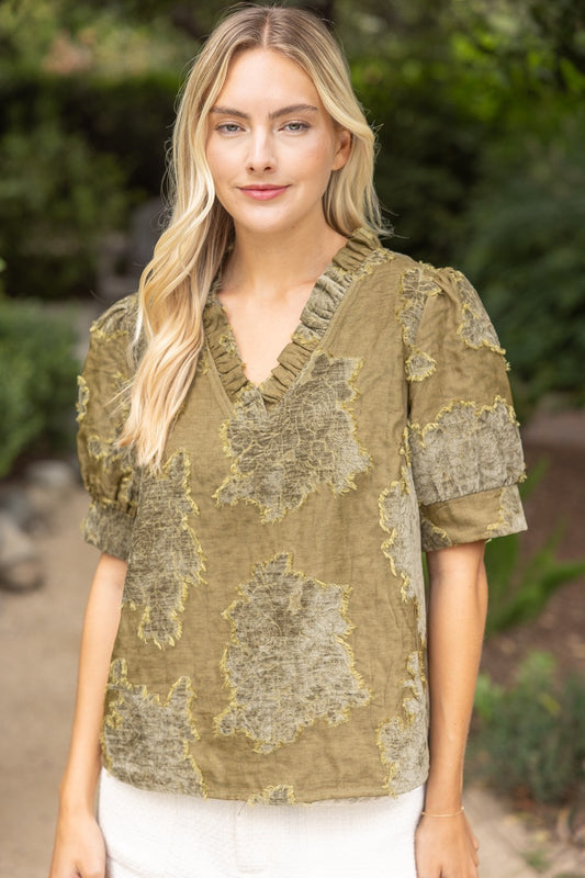 Ruffled V-neck Textured Top - Olive