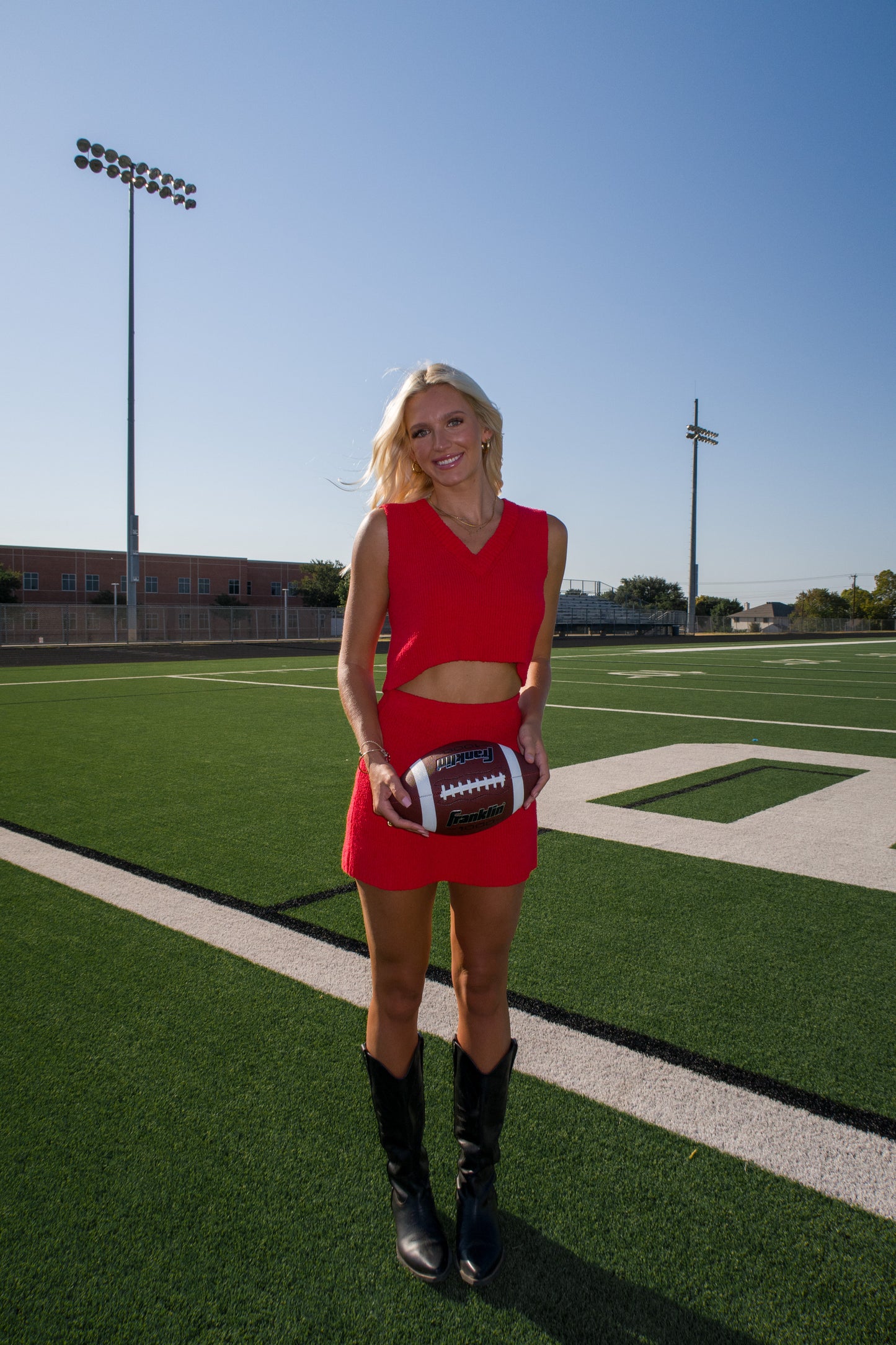 Red Zone Cropped Top + Mini Skirt Sweater Set - Red