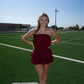 Game Day Feeling Corduroy Ruffle Romper Dress - Maroon