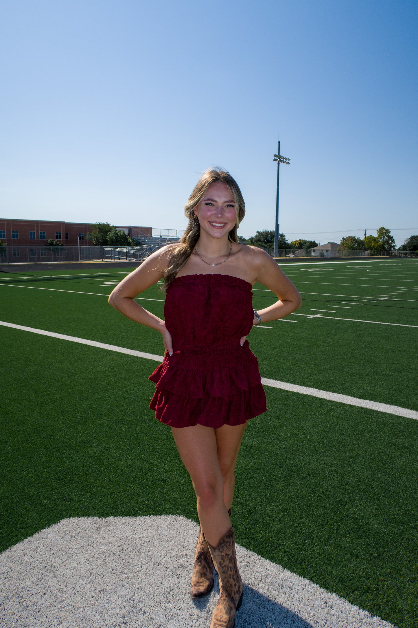 Game Day Feeling Corduroy Ruffle Romper Dress - Maroon