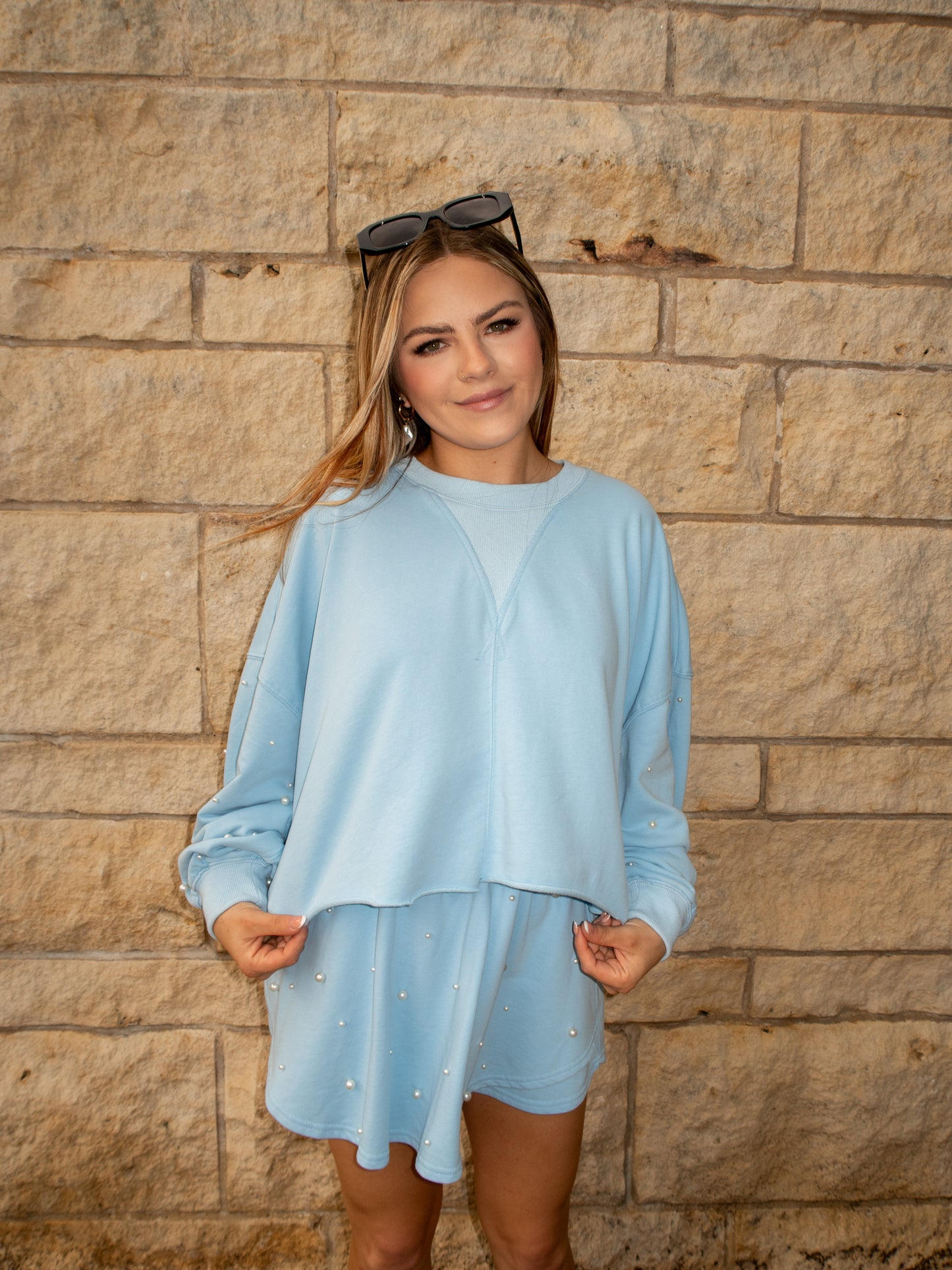 Getaway Pearl Embellished Sweatshirt - Sky Blue