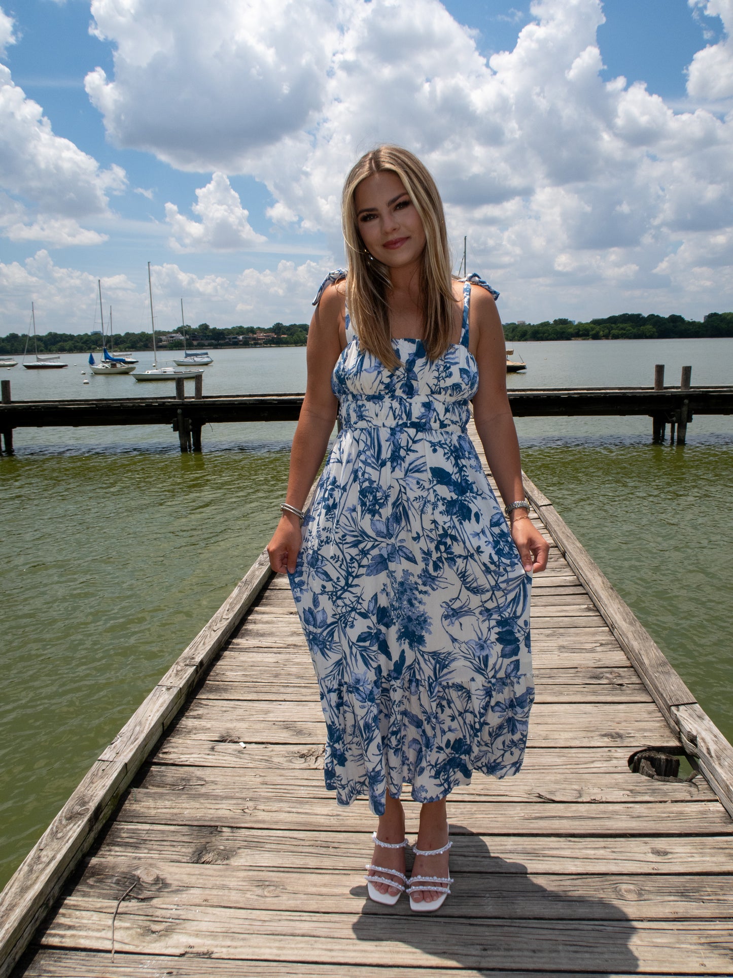 Ibiza Floral Midi Dress - White/Blue