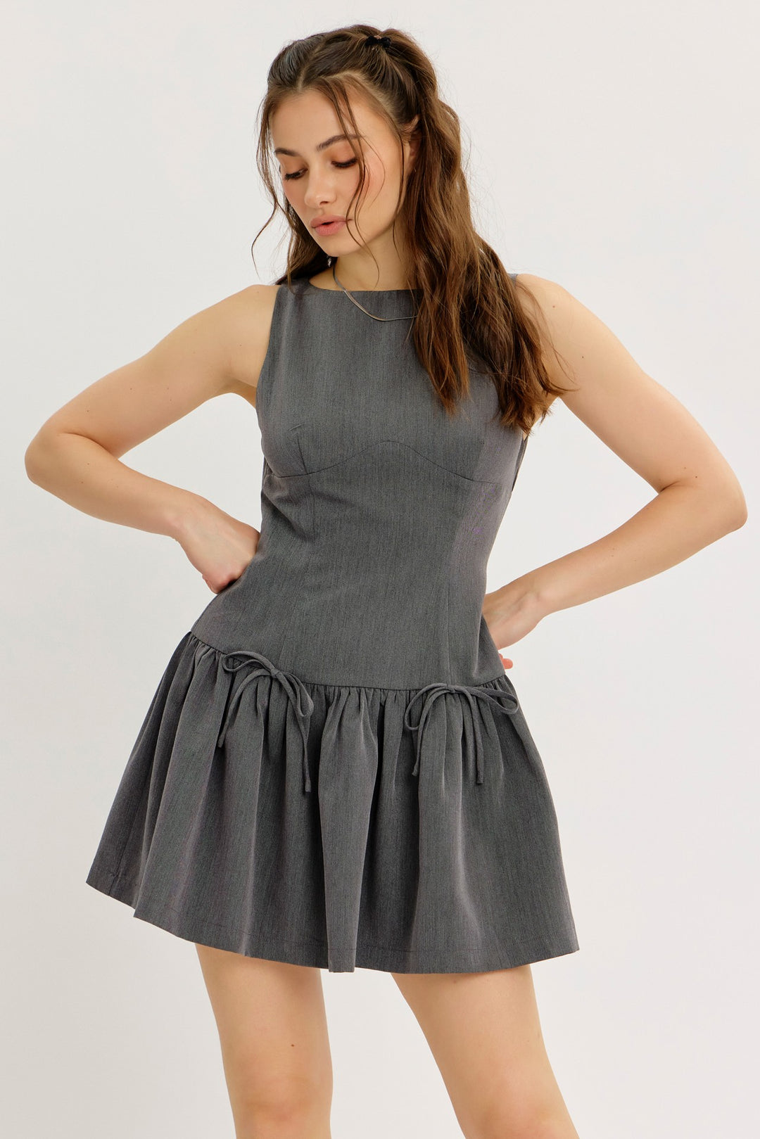 Fitted Boat Neck Mini Dress With Bow - Charcoal River + Skye Fitted Boat Neck Mini Dress With Bow - Charcoal River + Skye