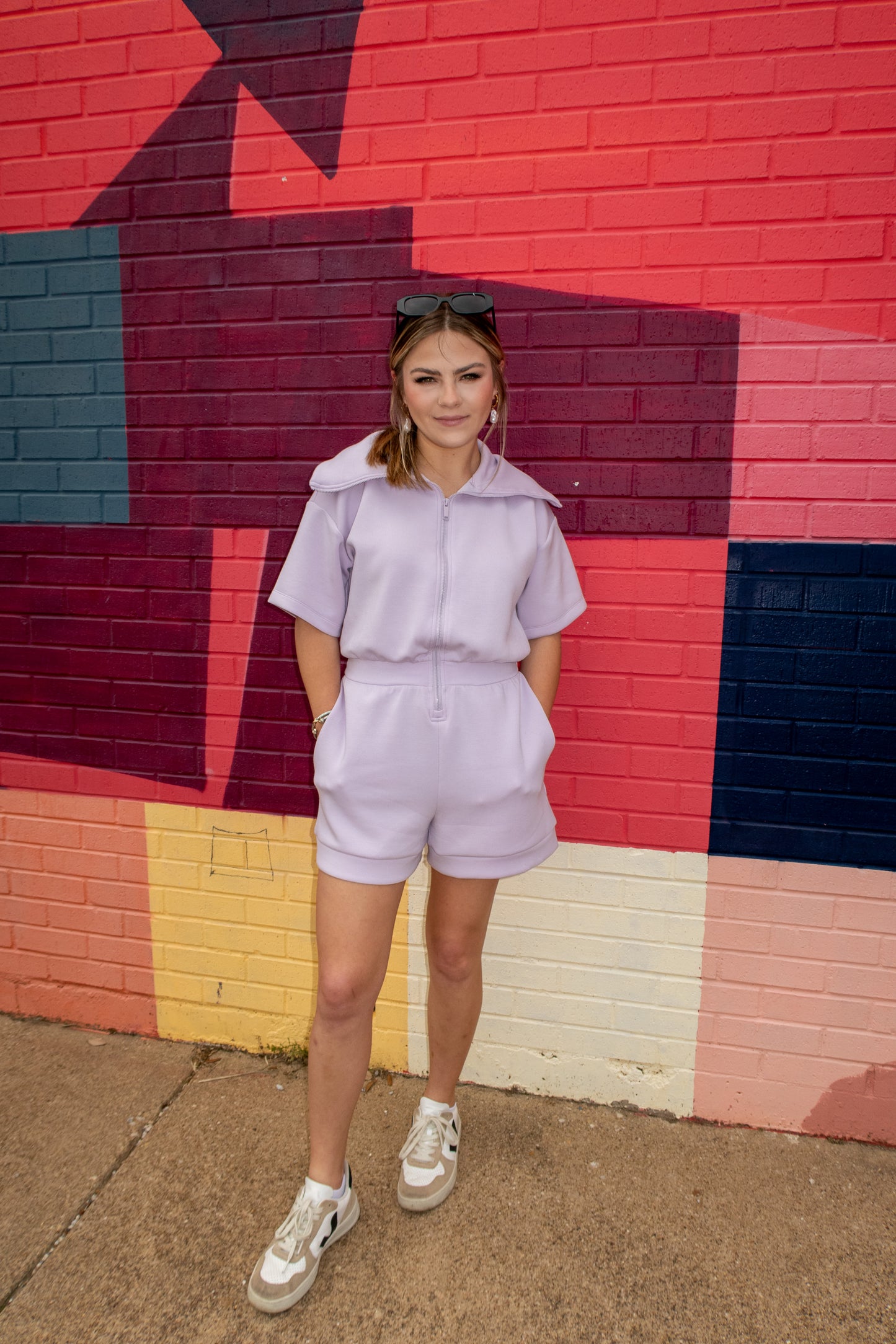 Now Boarding Collared Romper - Lavender