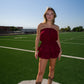 Game Day Feeling Corduroy Ruffle Romper Dress - Maroon