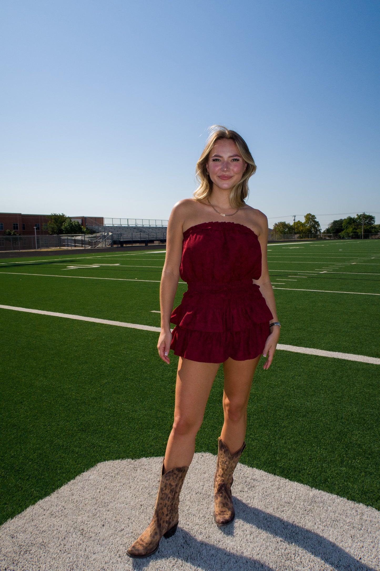 Game Day Feeling Corduroy Ruffle Romper Dress - Maroon