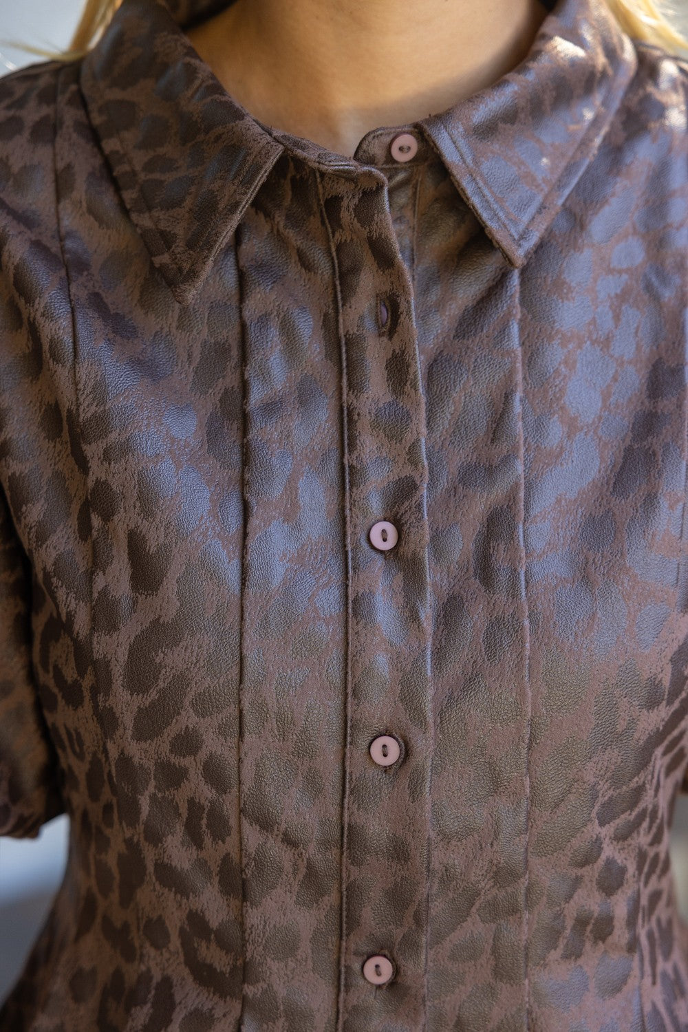 Leopard Print Leather Pleated Peplum Top - Brown