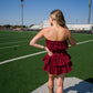 Game Day Feeling Corduroy Ruffle Romper Dress - Maroon