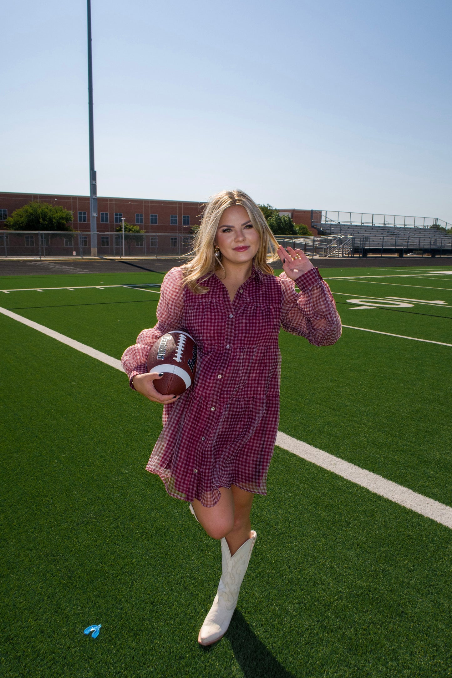 Touchdown Gingham Babydoll Dress - Burgundy