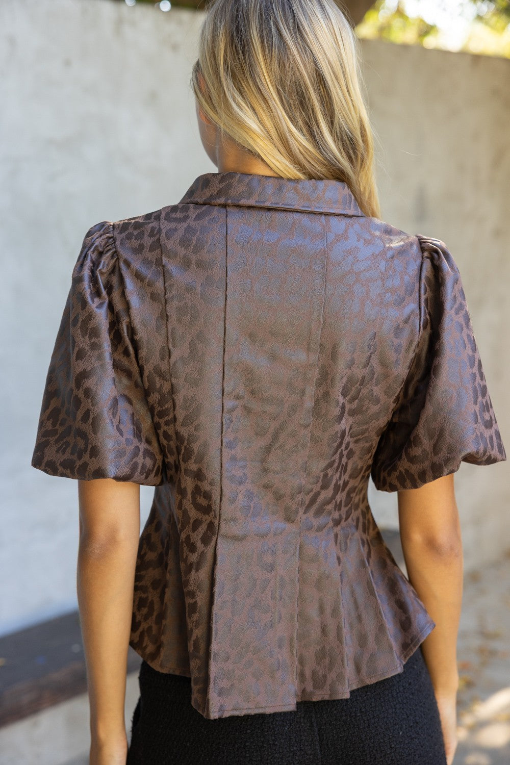 Leopard Print Leather Pleated Peplum Top - Brown