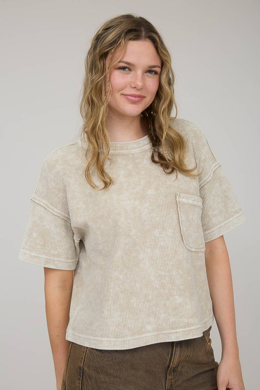 Washed Ribbed Short Sleeve with Pocket - Khaki
