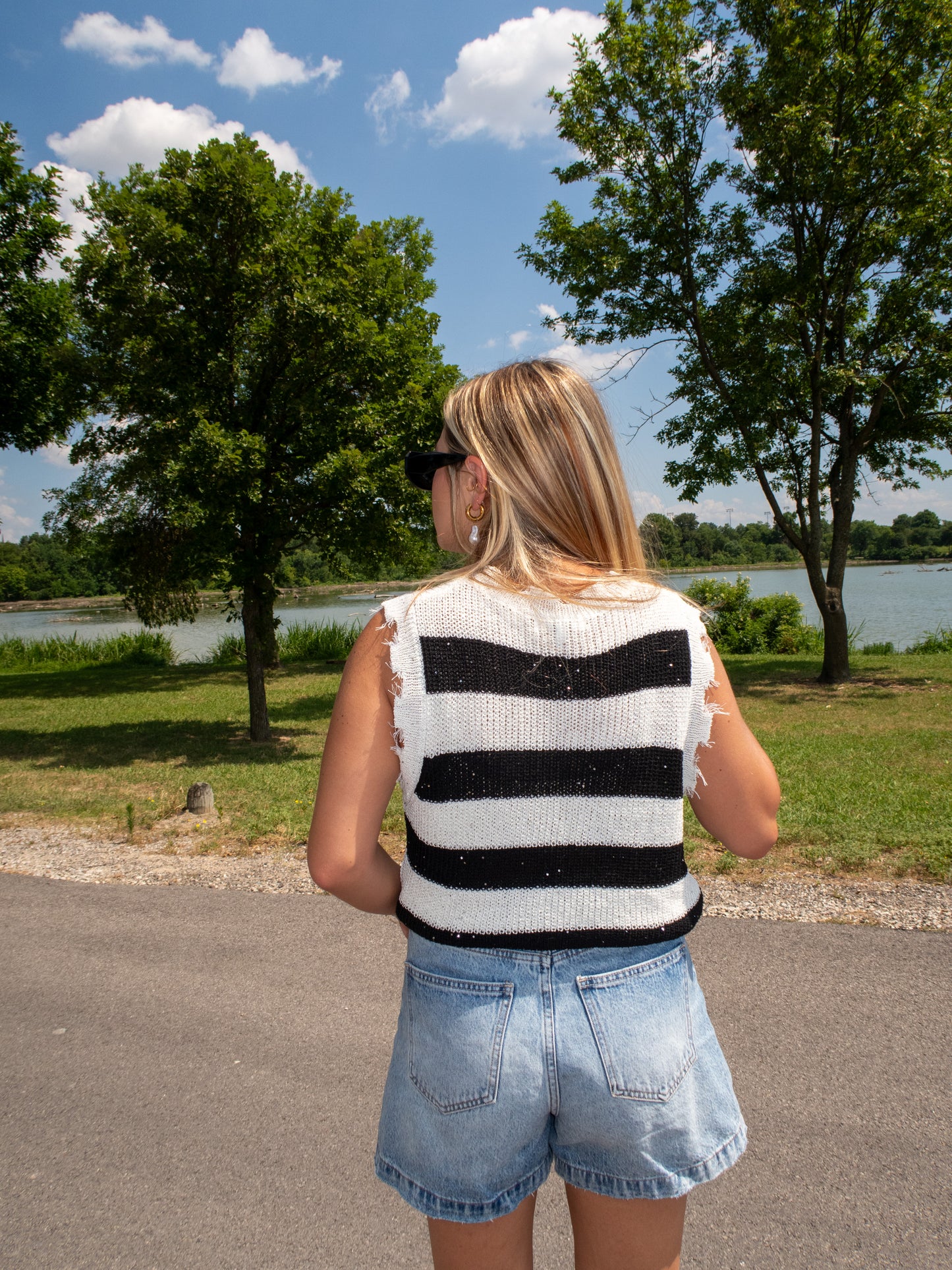 London Distressed Knit Tank - Black/White