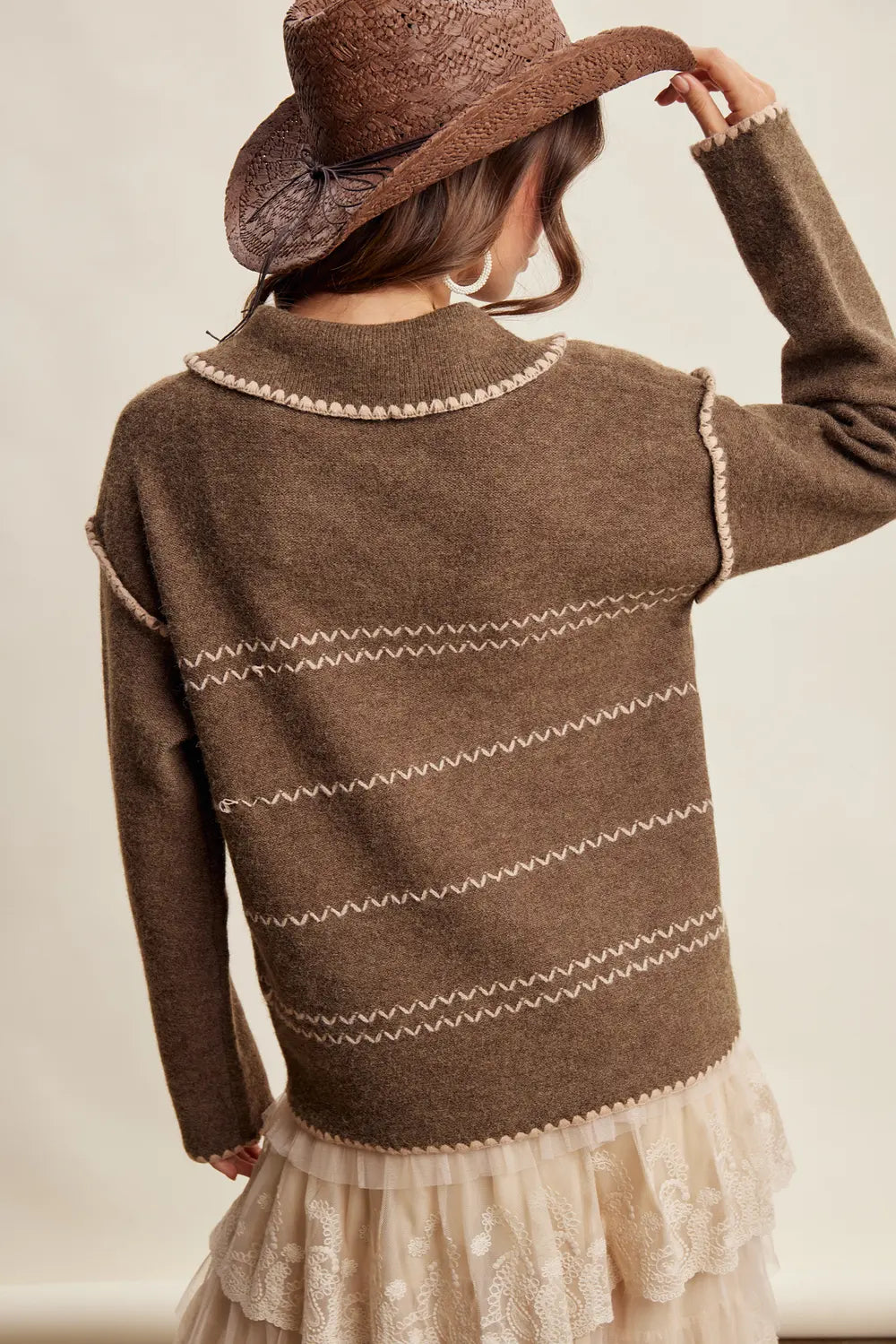 Contrast Stitch Tassel Sweater - Olive