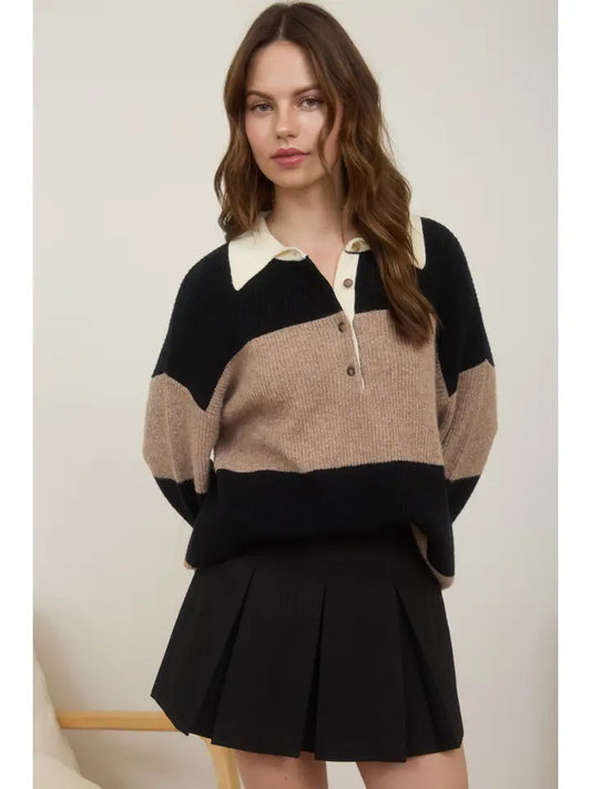 Wide Stripe Contrast Collar Long Sleeve Polo Sweater - Khaki