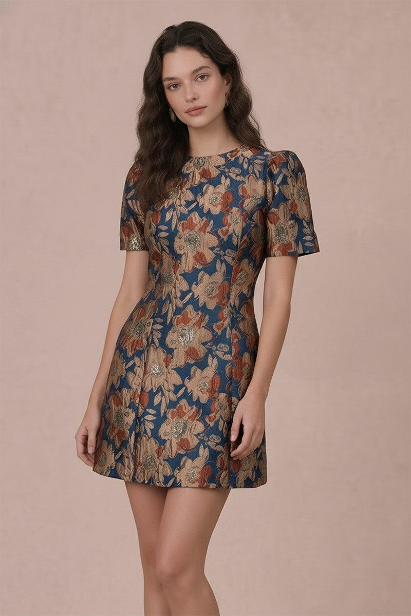 Short Puff Sleeve Jacquard Mini Dress - Teal