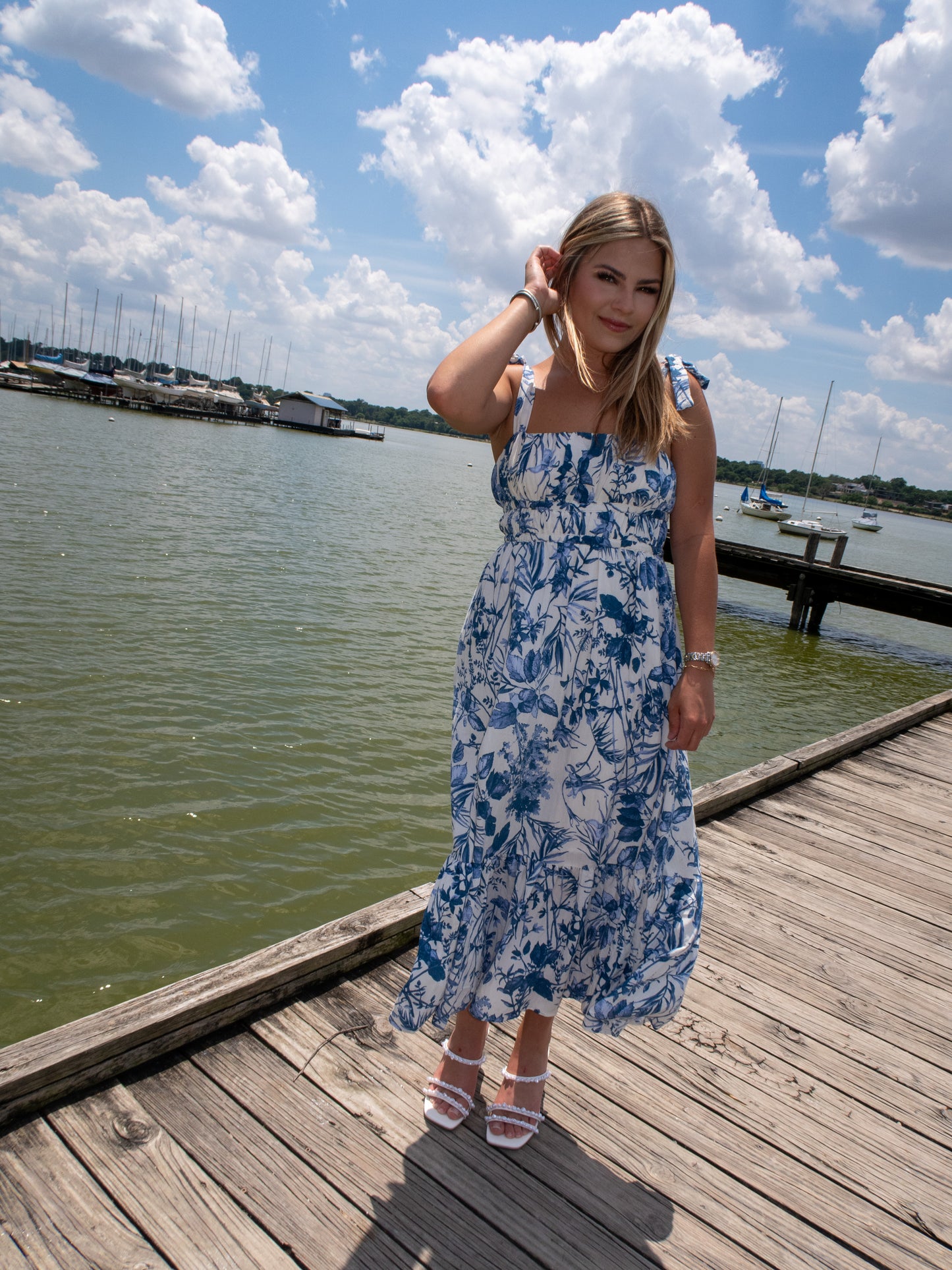 Ibiza Floral Midi Dress - White/Blue