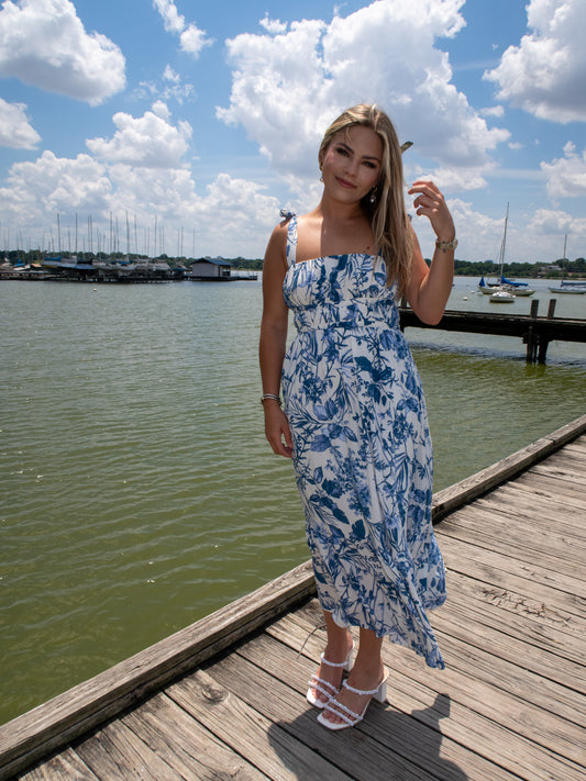 Ibiza Floral Midi Dress - White/Blue