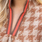 Denim Sleeve Houndstooth Tweed Top - Brown