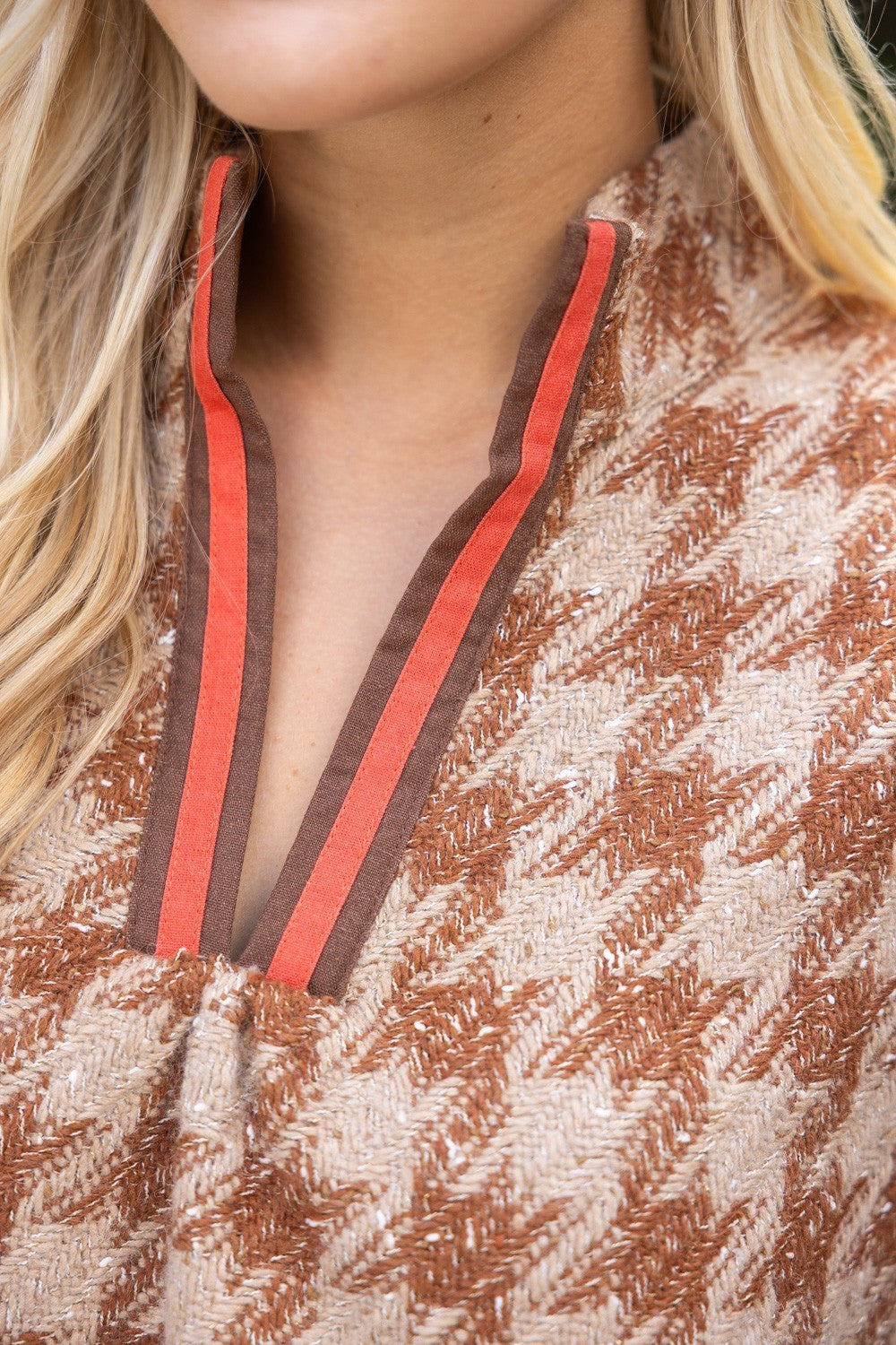 Denim Sleeve Houndstooth Tweed Top - Brown