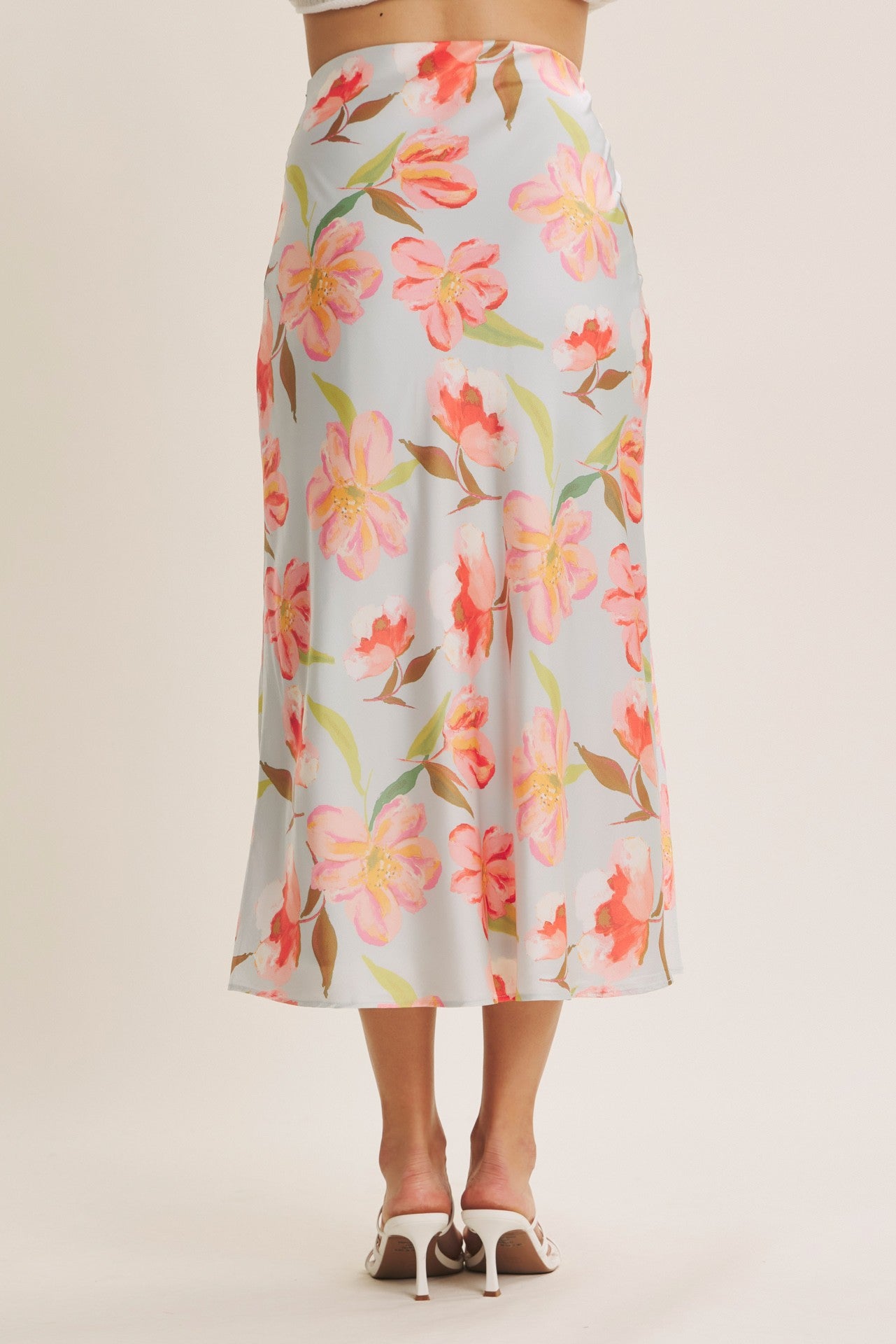 Floral Satin Midi Skirt - Lightt Blue Multi