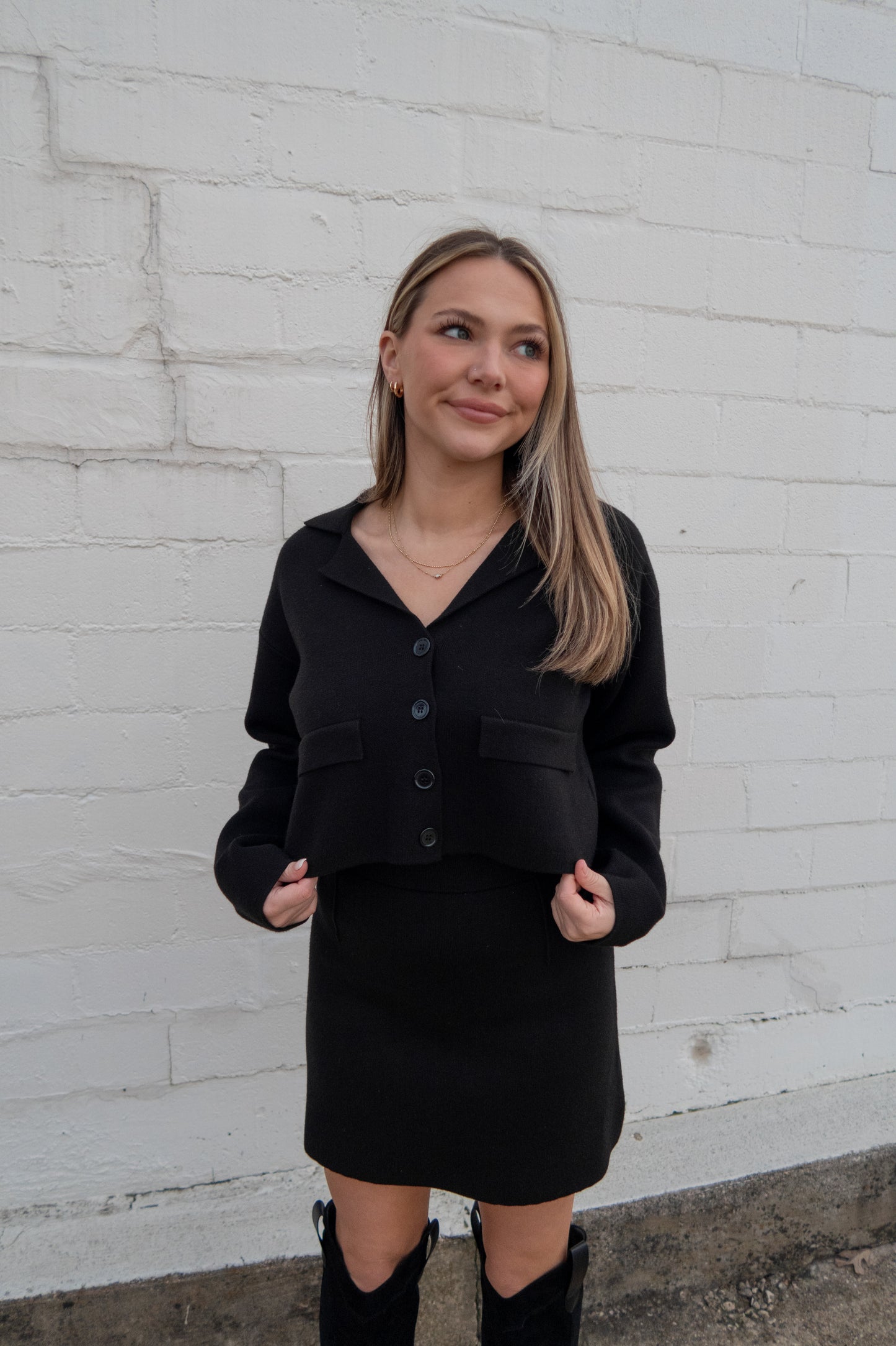 Button Down Jacket + Skirt Set - Black