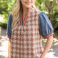 Denim Sleeve Houndstooth Tweed Top - Brown