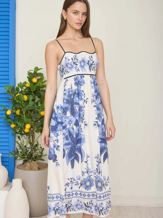 Floral Tile Pattern Midi Dress - Blue