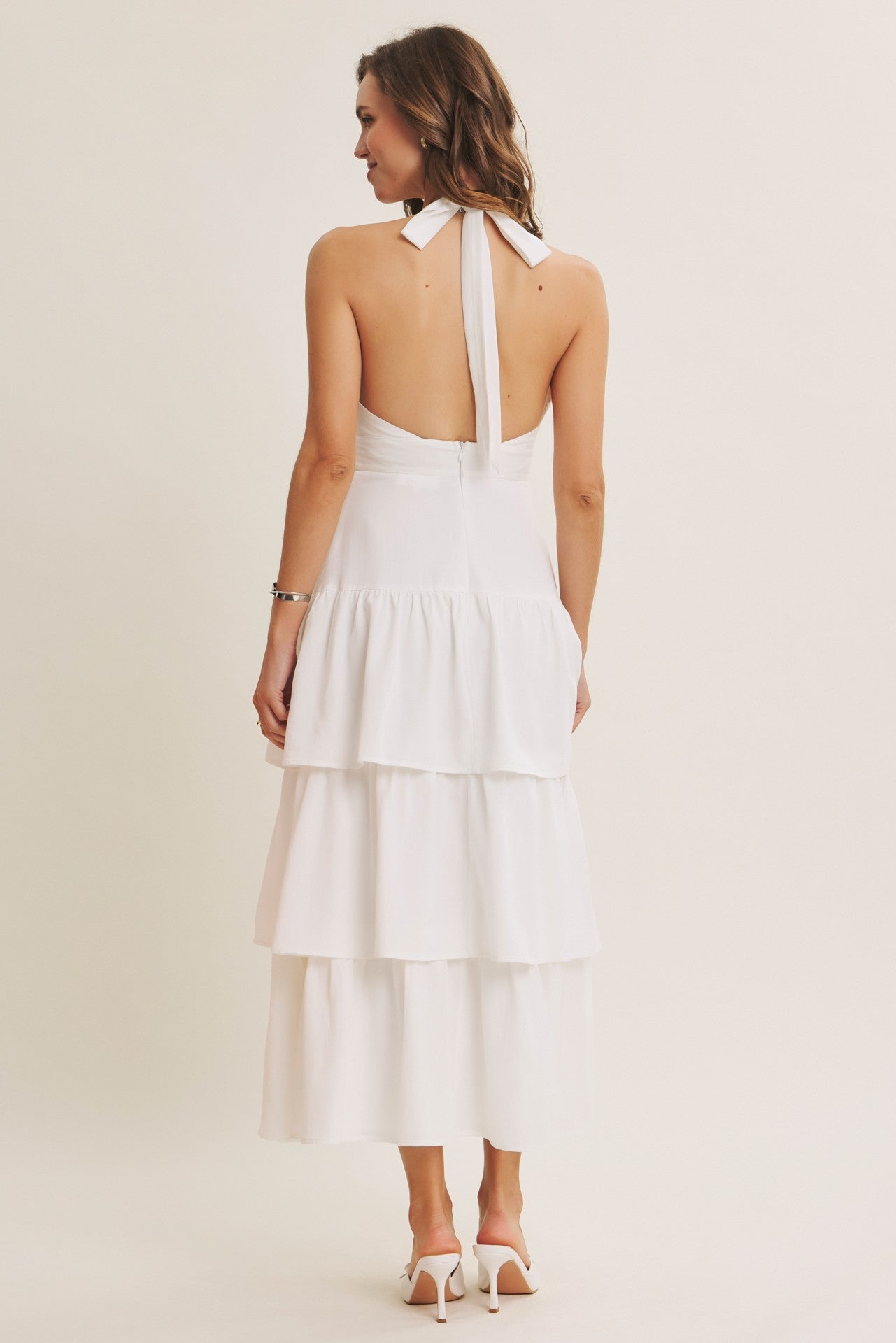 Halter Tiered Ruffle Maxi Dress -White