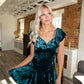 Ruffle Velvet Dress - Deep Green + Black