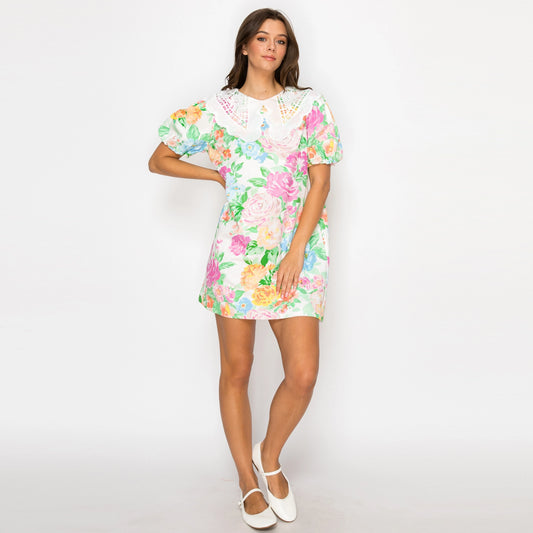Garden Flower Lace Collar Mini Dress