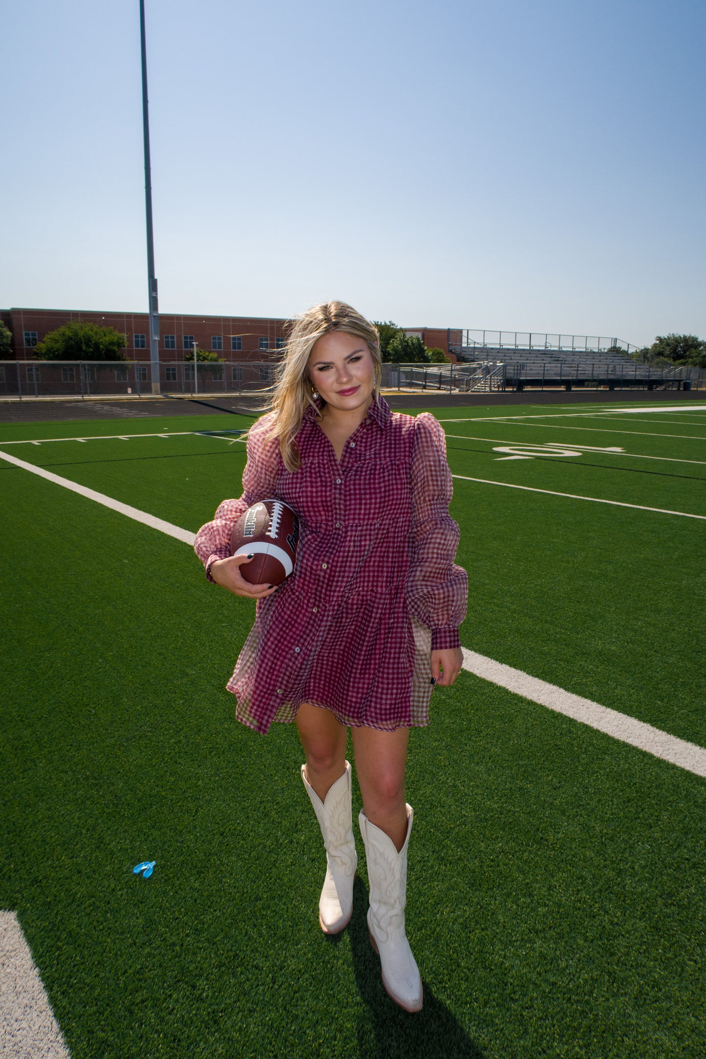 Touchdown Gingham Babydoll Dress - Burgundy