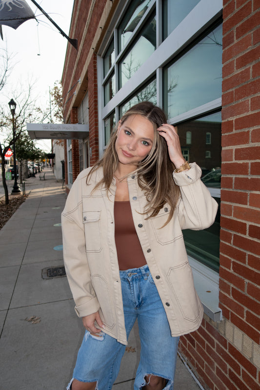 Jacket w Contrast Stitch - Light Taupe