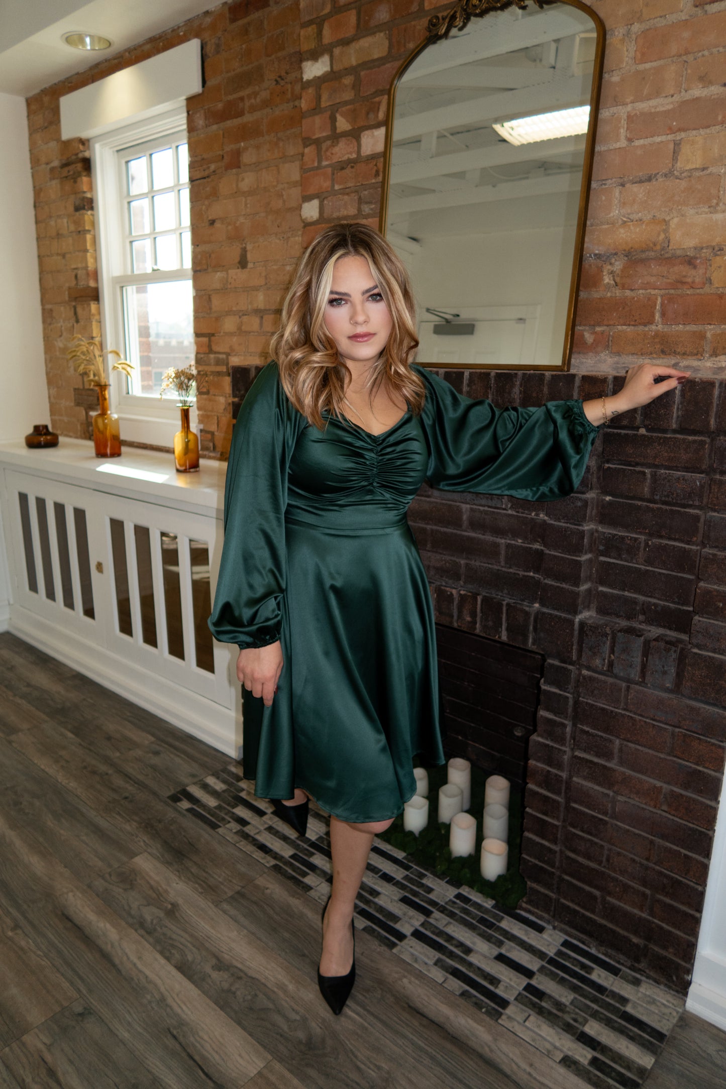 Long Sleeve Satin Dress - Deep Green