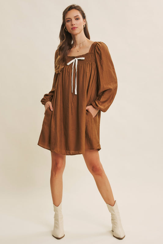 Smocked Square Neck Mini Dress With Ribbon - Brown