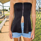 First Down Front Zipper + Slit Tube Top - Black