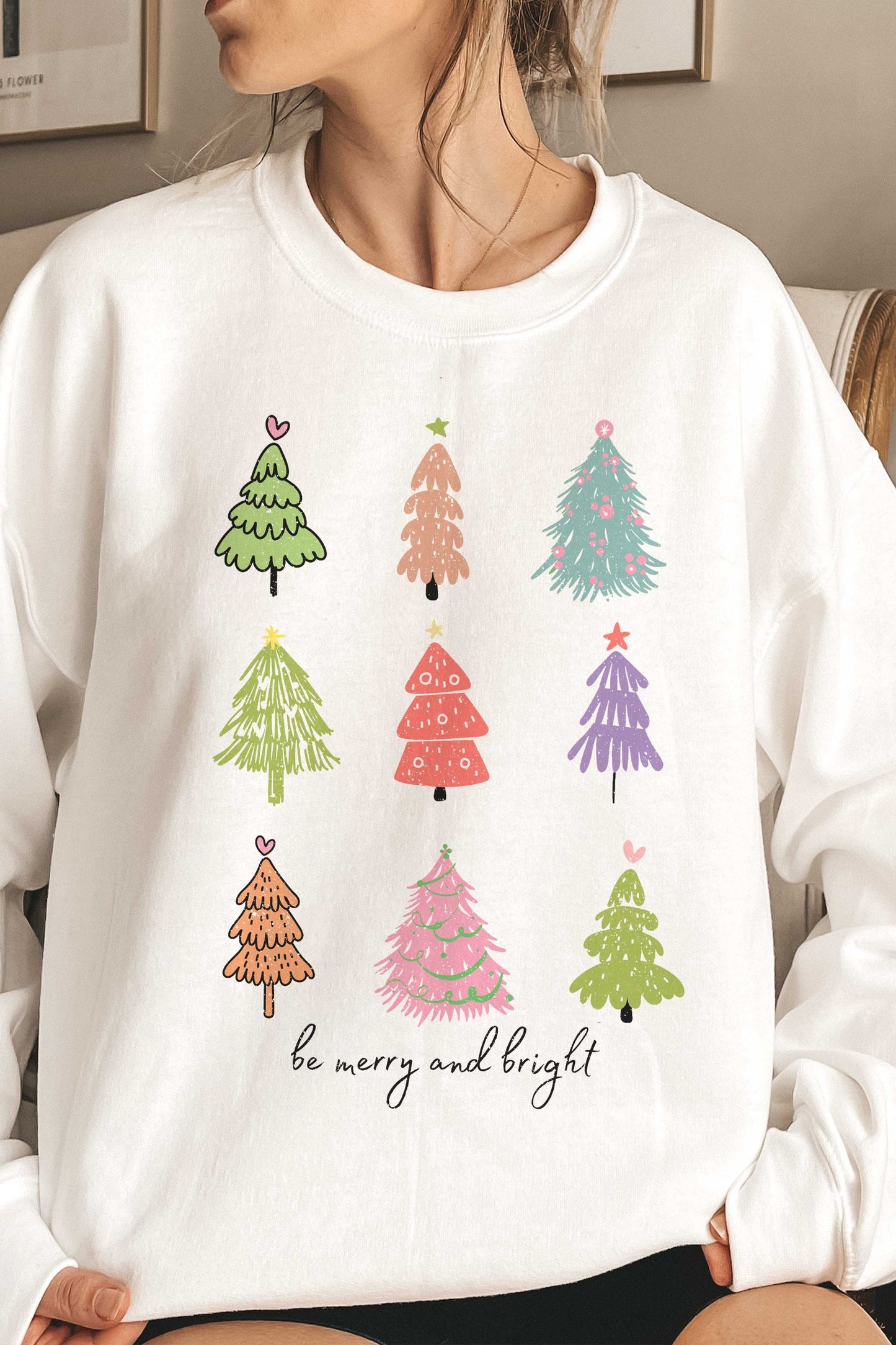 Merry + Bright Christmas Tree Sweatshirt - White